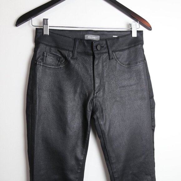 DL1961 Emma Waxed Skinny Low Rise Instasculpt Poseidon Black Pants Size 25 - Picture 3 of 10